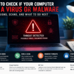 Laptop showing a malware threat warning while checking a computer for virusesLaptop showing a malware threat warning while checking a computer for viruses