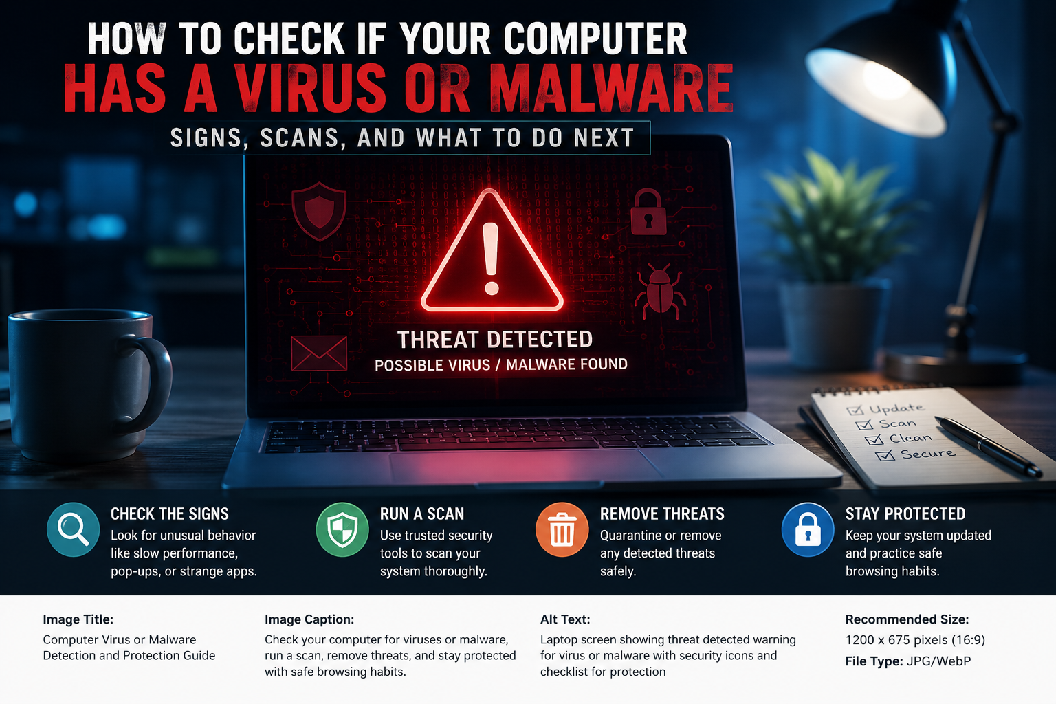 Laptop showing a malware threat warning while checking a computer for virusesLaptop showing a malware threat warning while checking a computer for viruses