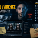 AI and digital evidence verification showing a deepfake analysis, metadata, and forensic investigation