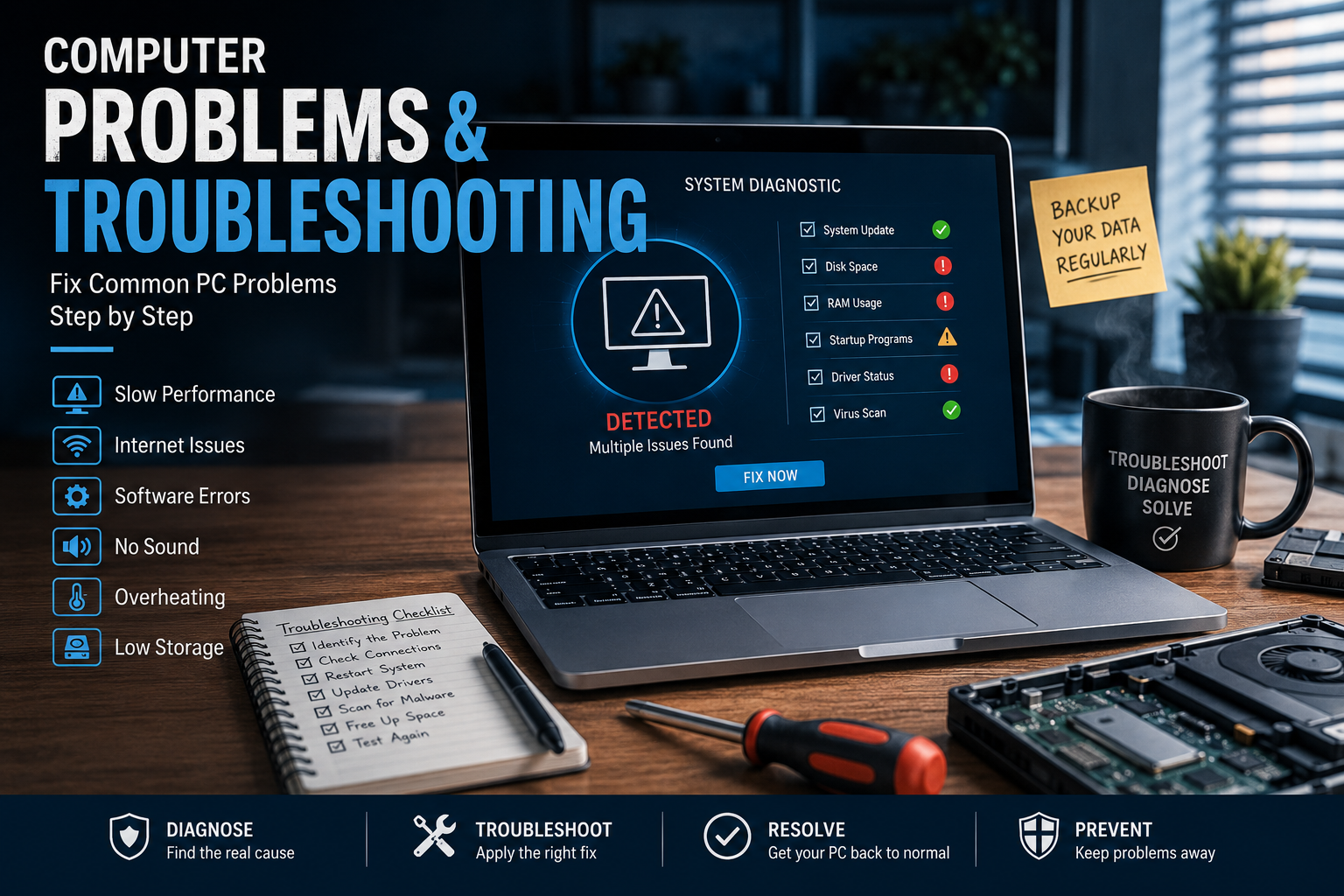 Computer problems and troubleshooting guide showing common PC issues and diagnostic steps