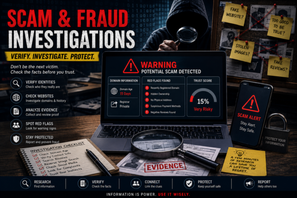Scam and fraud investigation showing a suspicious website, red flags, digital evidence, and verification steps