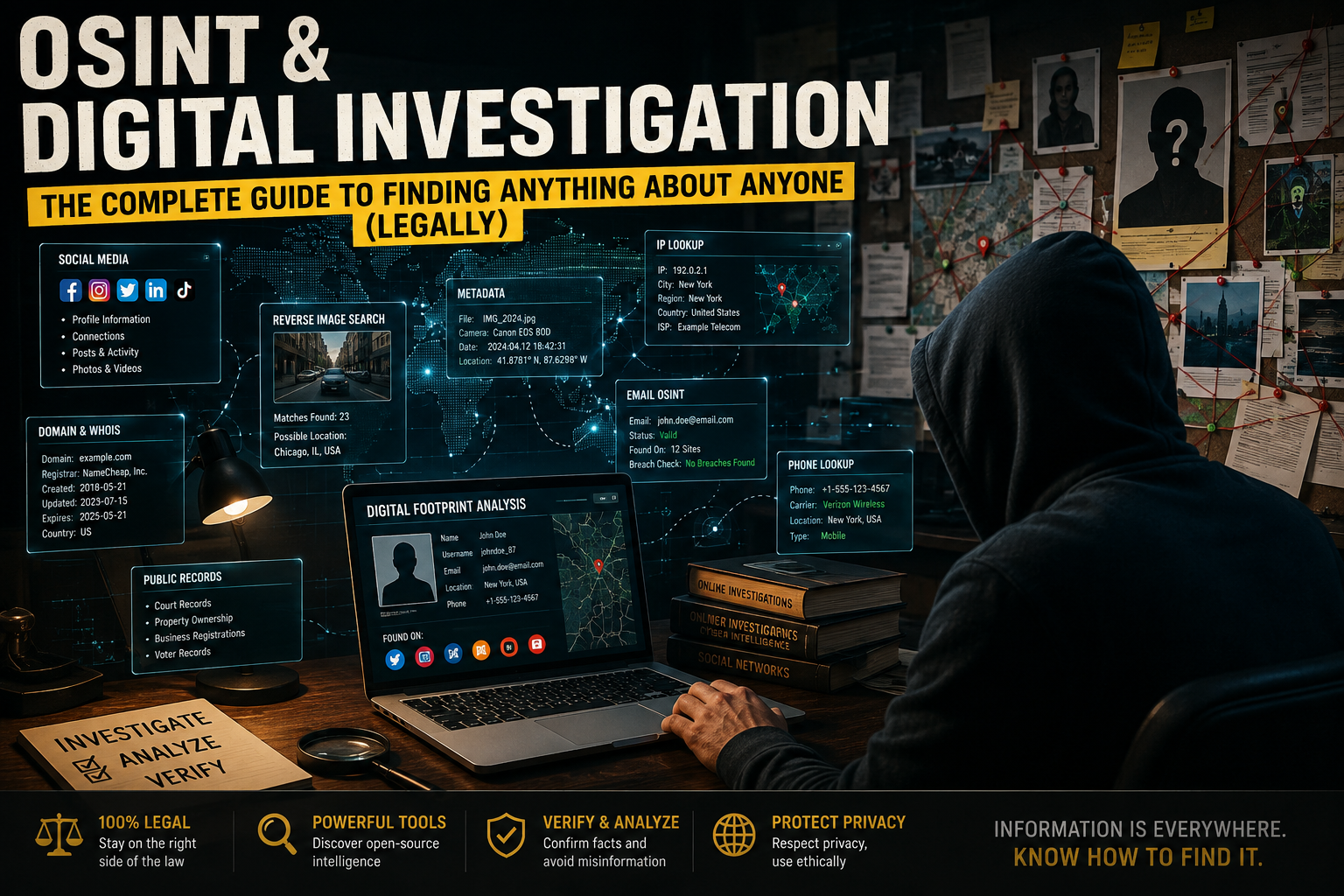 OSINT and digital investigation using open-source intelligence, metadata, social media, public records, and online research tools