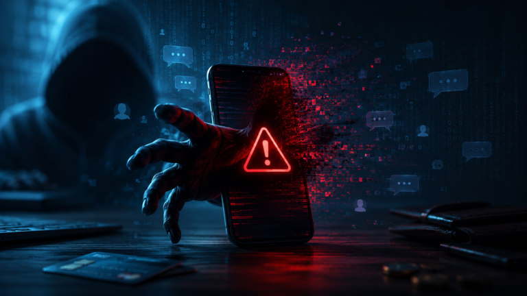 Illustration of a smartphone displaying a fake scam message with a red warning alert, symbolizing online fraud and cybersecurity risksIllustration of a smartphone displaying a fake scam message with a red warning alert, symbolizing online fraud and cybersecurity risks
