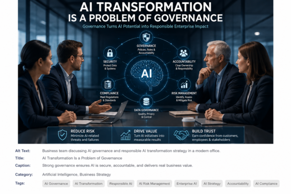 Business leaders discussing AI transformation, governance, security, accountability, and risk management