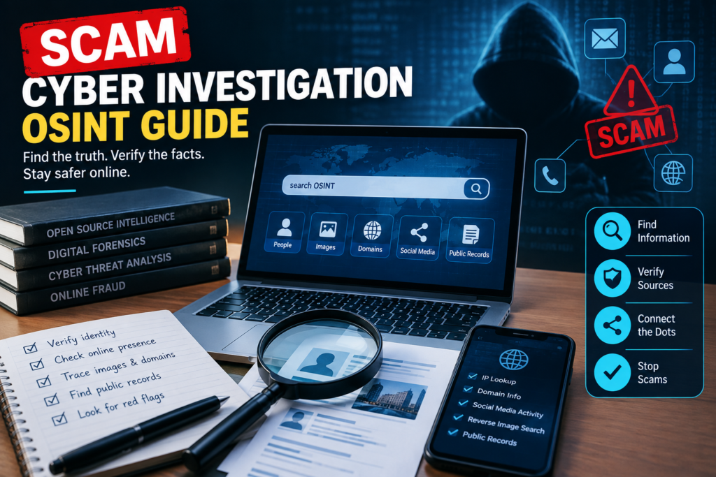 Illustration showing OSINT investigation process for tracing online scams