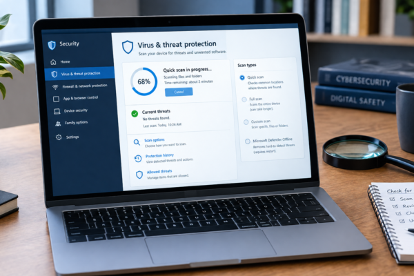 Editorial illustration showing a computer being checked for virus and malware threats