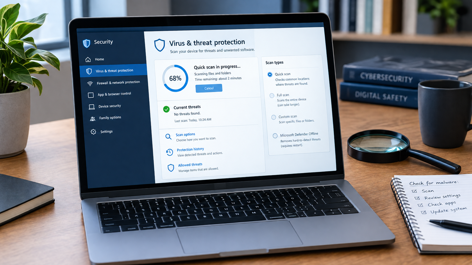 Editorial illustration showing a computer being checked for virus and malware threats
