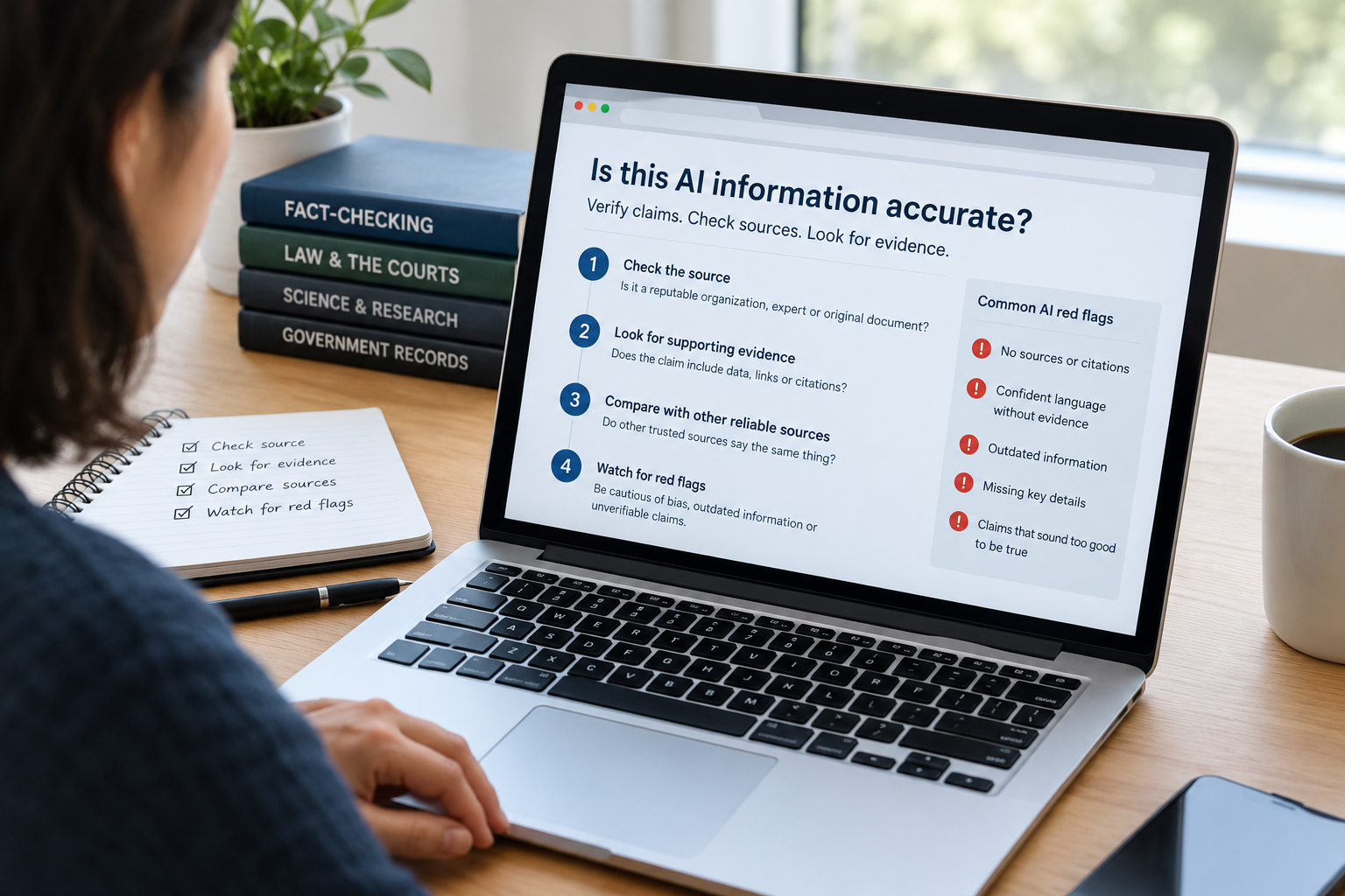 AI information accuracy checklist showing source verification and evidence checks