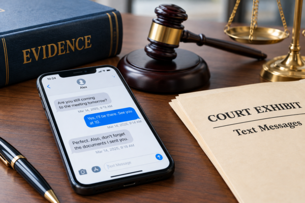 Smartphone showing a text message conversation being reviewed as court evidence
