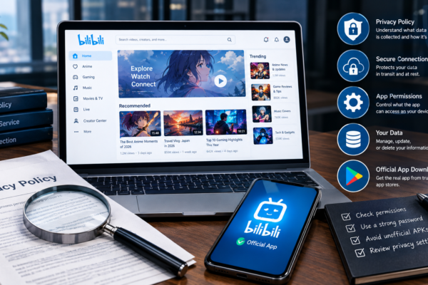 Editorial image showing Bilibili privacy, security, app permissions and official download