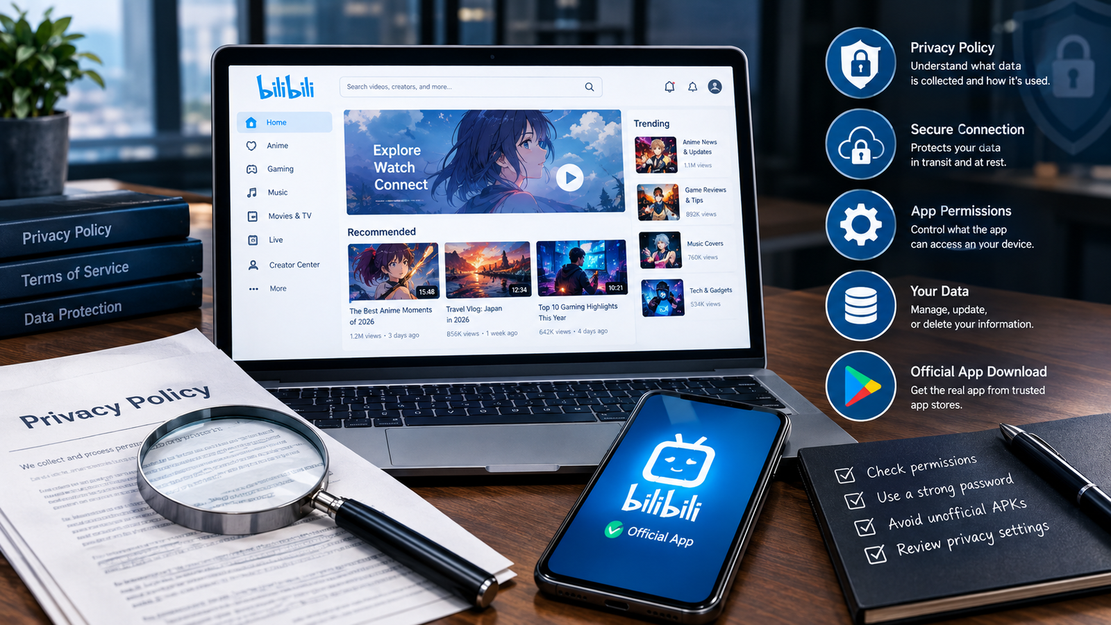 Editorial image showing Bilibili privacy, security, app permissions and official download