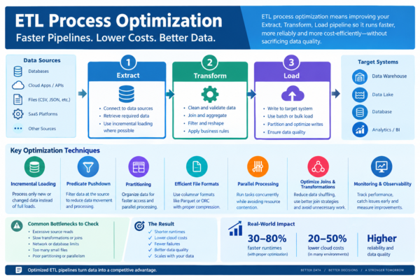 ETL process optimization workflow showing extraction, transformation, loading, partitioning, and performance tuning