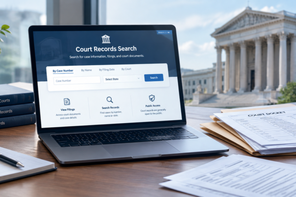 Laptop showing a free online court records search beside a U.S. courthouse
