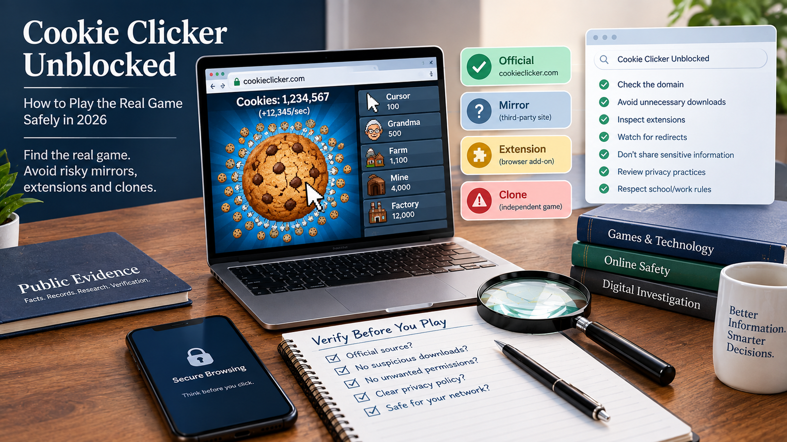 infographic comparing developer-listed Cookie Clicker unblocked sites with unverified mirror copies