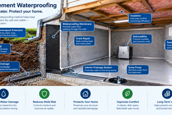 Basement waterproofing system with drainage, membrane, sump pump, and moisture control