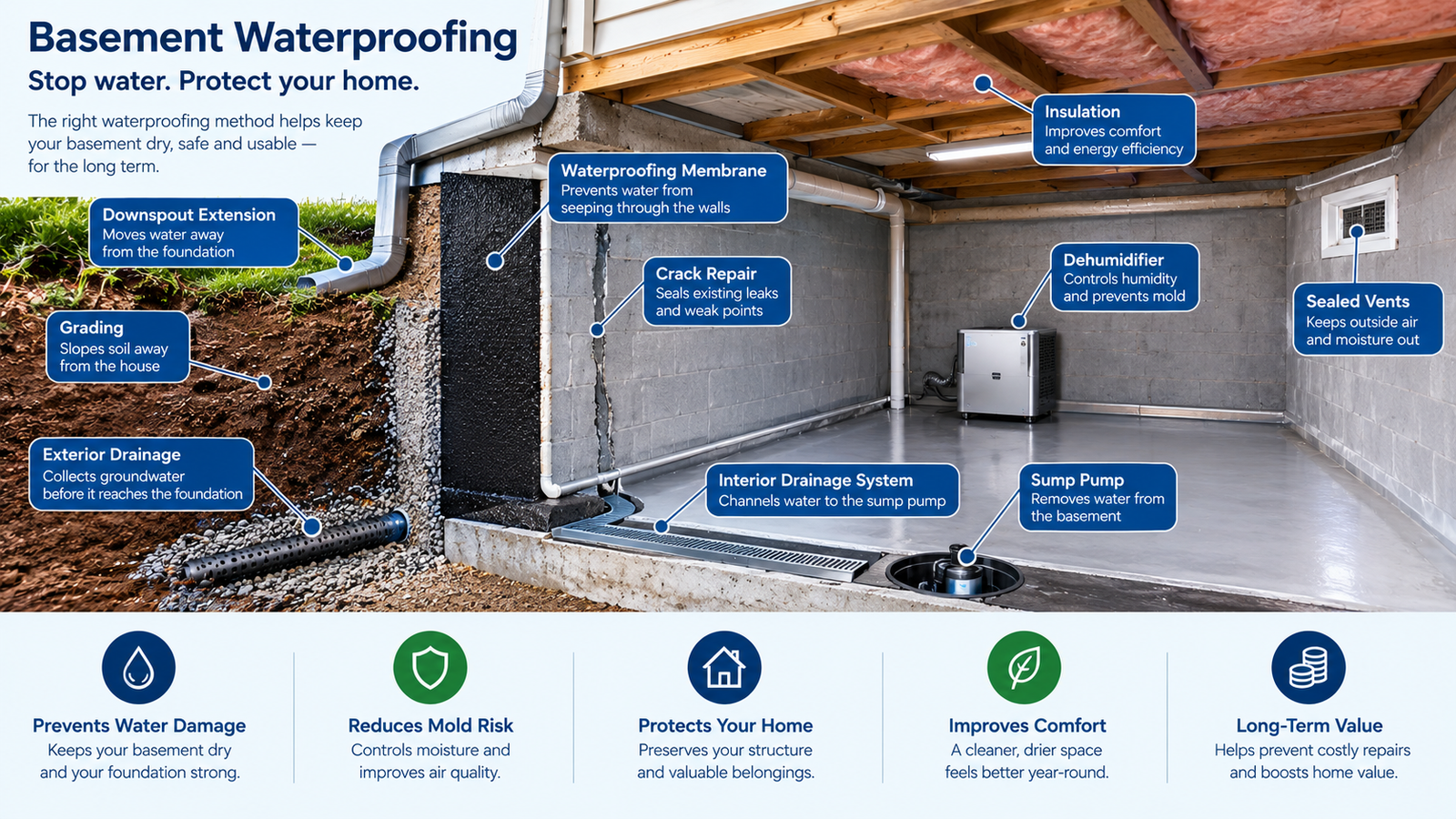 Basement waterproofing system with drainage, membrane, sump pump, and moisture control