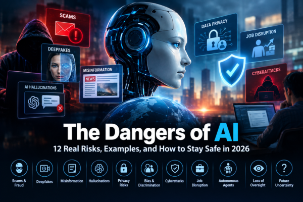 The dangers of AI including scams, deepfakes, misinformation, privacy risks, cyberattacks, and job disruption