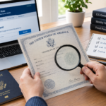 Magnifying glass over a U.S. government document on a desk, showing how to check if a government document is real