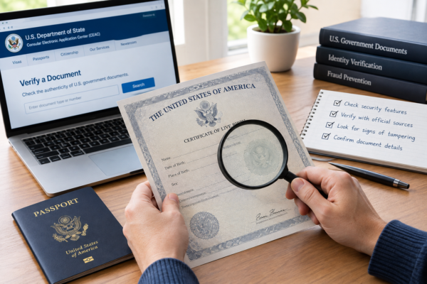 Magnifying glass over a U.S. government document on a desk, showing how to check if a government document is real