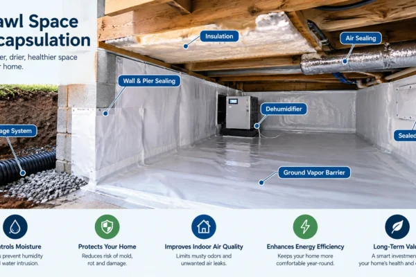 Crawl space encapsulation with vapor barrier, drainage, insulation, and dehumidifier