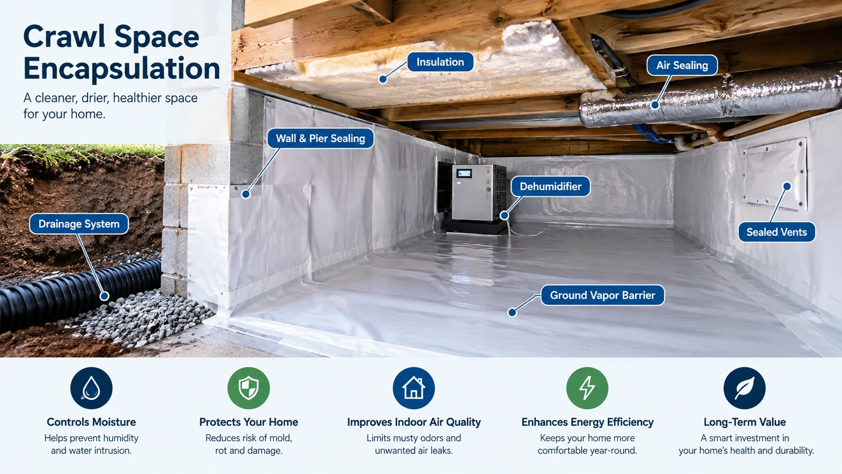 Crawl space encapsulation with vapor barrier, drainage, insulation, and dehumidifier
