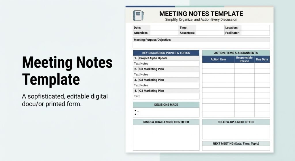 Meeting notes template with agenda, decisions, action items, owners, and deadlines
