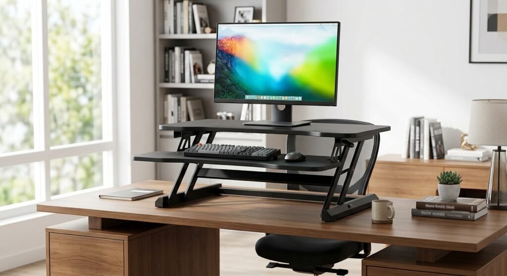 Height-adjustable riser desk converting a regular desk into a standing workstation