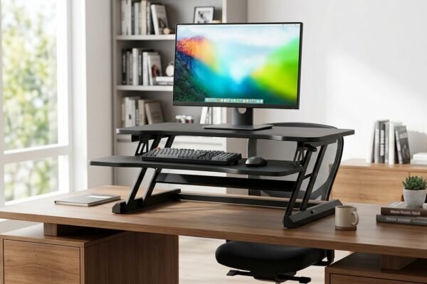 Height-adjustable riser desk converting a regular desk into a standing workstation