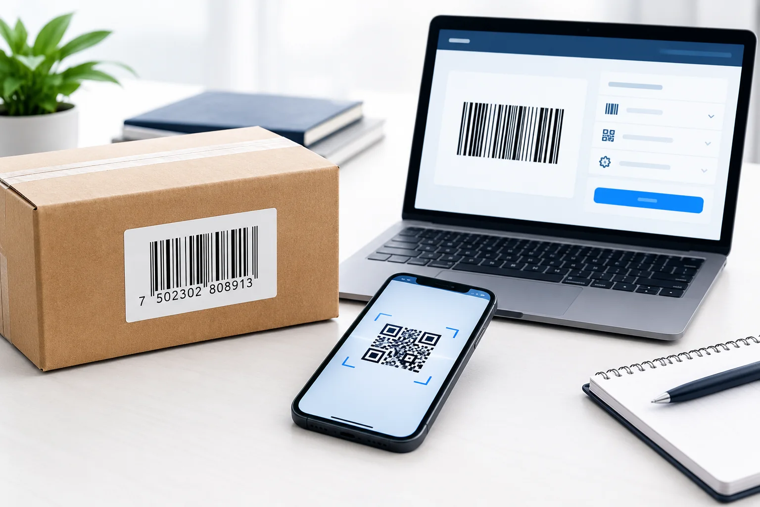 Barcode generator on a laptop with a product barcode label and QR code on a smartphone.